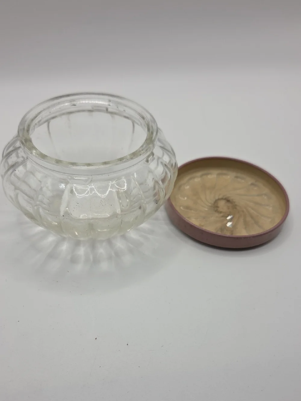 Vintage Glass Powder  Jar with Pink and Cream Decorative Lid
